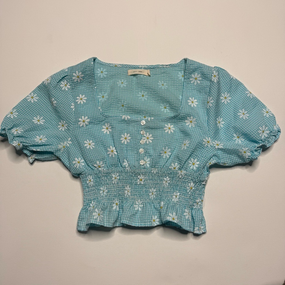 Suite 2939 Gingham Smocked Peasant Top Floral Daisy Print Prairie Tradwife